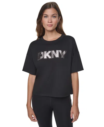 Dkny Sport Women's Foil Rhinestone Logo Dropped-shoulder T-shirt In Black