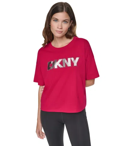 Dkny Sport Women's Foil Rhinestone Logo Dropped-shoulder T-shirt In Pink