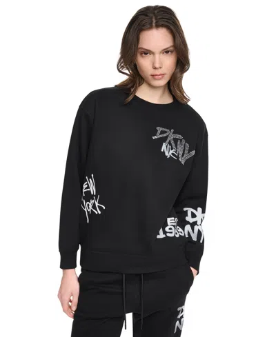 Dkny Sport Women's Graffiti Logo Crewneck Graphic Long-sleeve Sweatshirt In Black