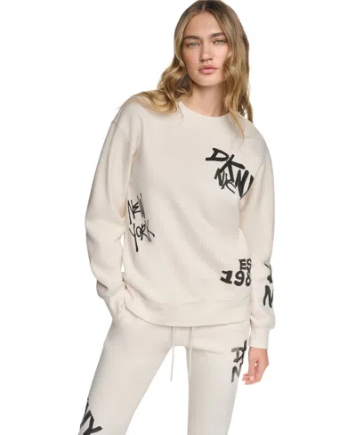 Dkny Sport Women's Graffiti Logo Crewneck Graphic Long-sleeve Sweatshirt In Neutral