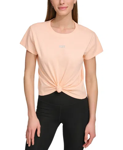Dkny Sport Women's Knot-front Metallic Logo T-shirt In Tropical Peach