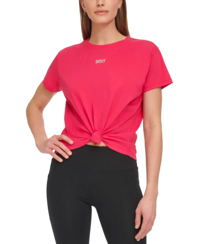 Dkny Sport Women's Knot-front Metallic Logo T-shirt In Virtual Pink