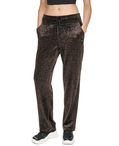 Dkny Sport Women's Leopard-print Mid-rise Velour Track Pants In Leopard Espresso