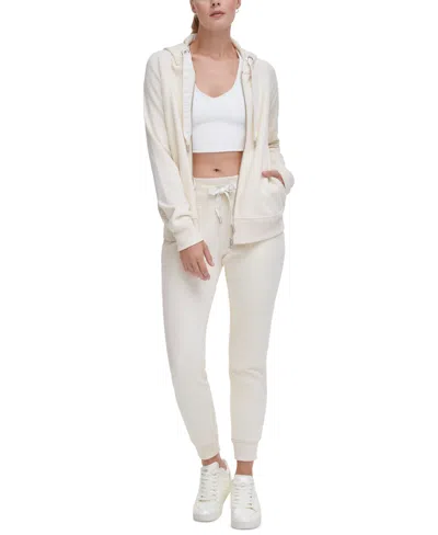 Dkny Sport Women's Logo-drawstring Fleece Full-zip Hoodie In Sand,sand