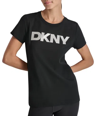 Dkny Women's Active Rhinestone-logo Distressed Crewneck Cotton T-shirt In Black,eggnog