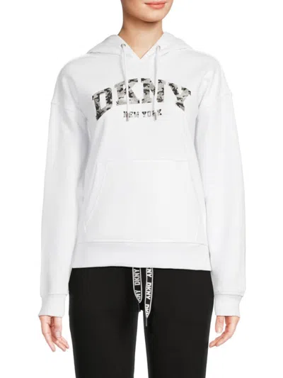 Dkny Sport Women's Logo Graphic Drawstring Hoodie In White