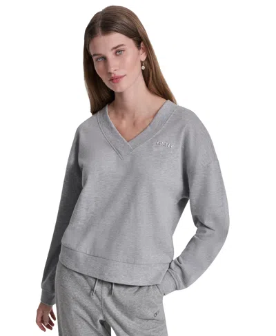 Dkny Sport Women's Metallic Bubble Logo V-neck Sweatshirt In Gray