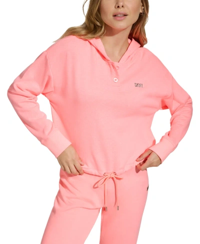 Dkny Sport Women's Metallic Logo Two-button Fleece Hoodie In Atomic Pink