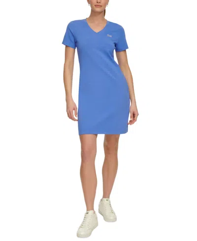 Dkny Sport Women's Metallic-logo V-neck Short-sleeve Dress In Amparo Blue