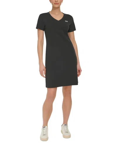 Dkny Sport Women's Metallic-logo V-neck Short-sleeve Dress In Black,silver