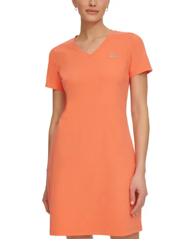 Dkny Sport Women's Metallic-logo V-neck Short-sleeve Dress In Hot Coral