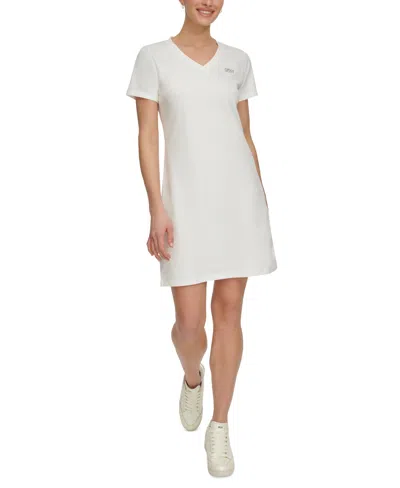 Dkny Sport Women's Metallic-logo V-neck Short-sleeve Dress In White