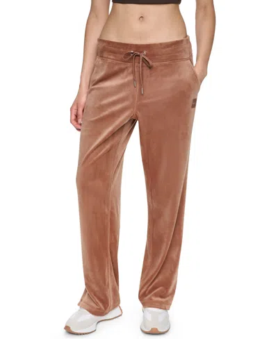 Dkny Sport Women's Mid-rise Velour Wide-leg Track Pants In Caramel