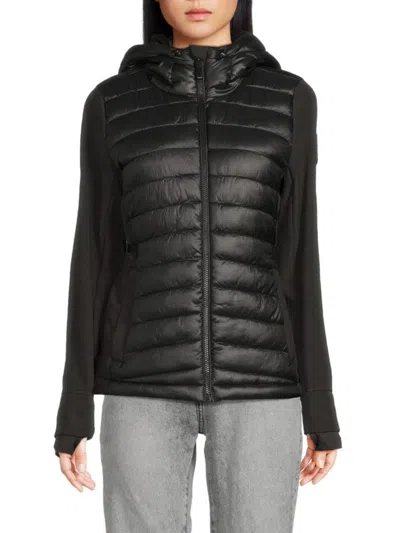 Dkny Sport Women's Mixed Media Hooded Puffer Jacket In Black