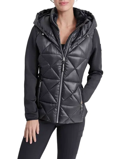 Dkny Sport Women's Mixed Media Hooded Puffer Jacket In Black