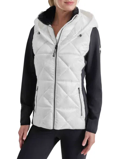 Dkny Sport Women's Mixed Media Hooded Puffer Jacket In White
