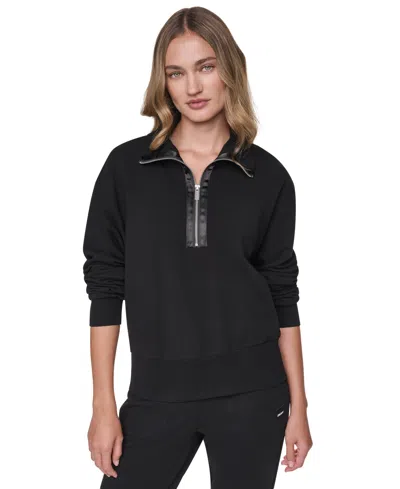 Dkny Sport Women's Mock Neck Quarter Zip Pullover With Tonal Satin Trim In Black
