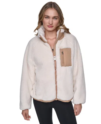 Dkny Sport Women's Mock Neck Sherpa Jacket With Woven Piecing In White