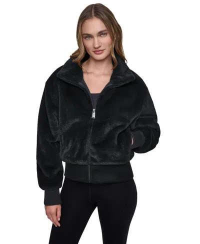 Dkny Sport Women's Mock Neck Short Faux Fur Jacket In Blue