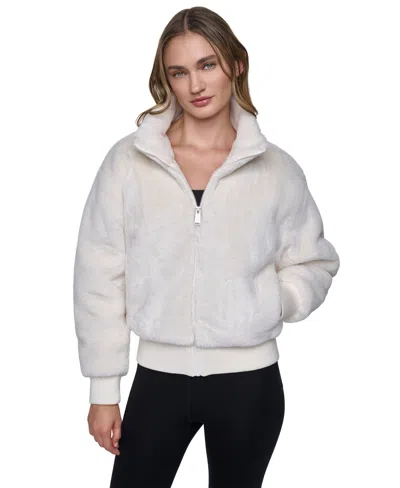 Dkny Sport Women's Mock Neck Short Faux Fur Jacket In White