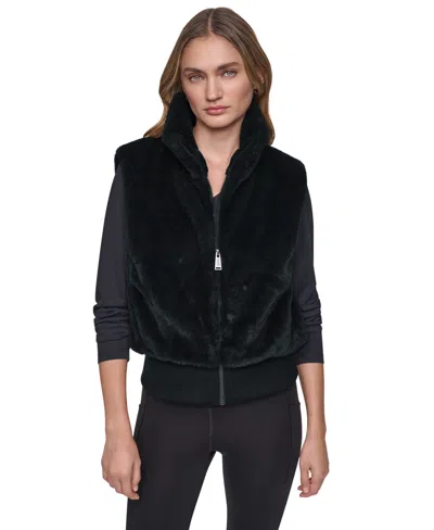 Dkny Sport Women's Mock-neck Ribbed-knit Hem Faux Fur Vest In Black