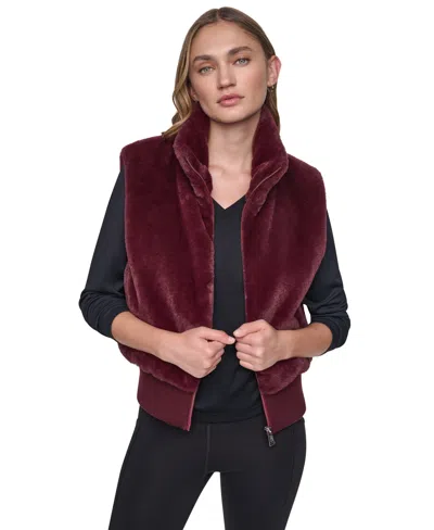 Dkny Sport Women's Mock-neck Ribbed-knit Hem Faux Fur Vest In Claret