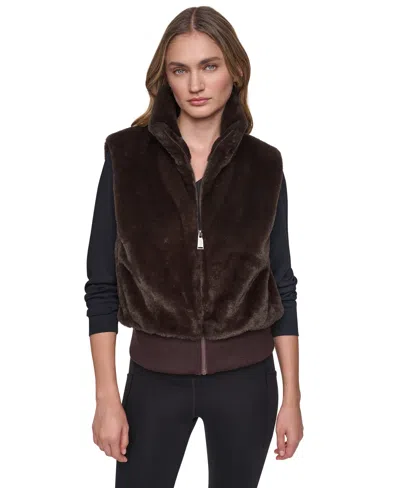 Dkny Sport Women's Mock-neck Ribbed-knit Hem Faux Fur Vest In Espresso