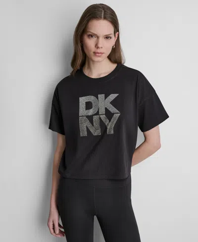 Dkny Sport Women's Ombre Rhinestone Logo Crewneck T-shirt In Black