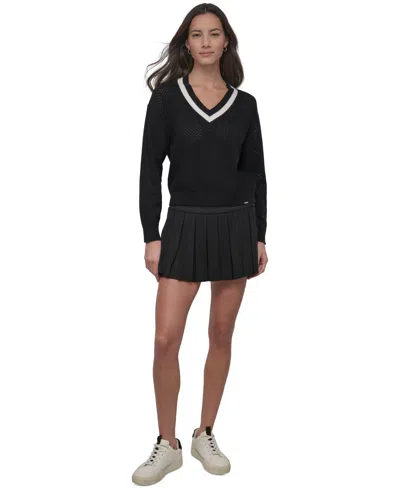 Dkny Sport Women's Open-knit Mesh Striped V-neck Sweater In Black
