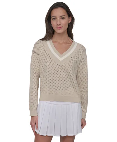 Dkny Sport Women's Open-knit Mesh Striped V-neck Sweater In Light City Khaki