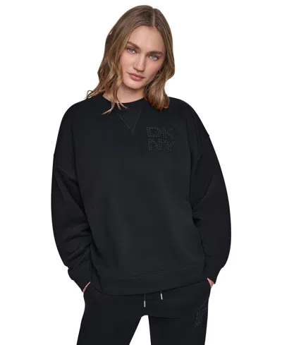 Dkny Sport Women's Oversized Drop-shoulder Rhinestone Applique Sweatshirt In Black