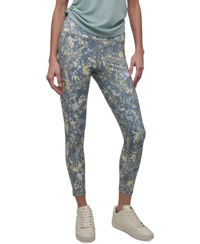 Dkny Sport Women's Printed High-waist 7/8 Tights In Palms Blue Fog