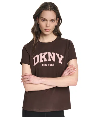 Dkny Sport Women's Puff Varsity Logo Relaxed-fit Crewneck T-shirt In Brown