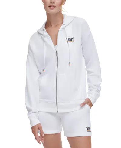 Dkny Sport Women's Rainbow Pride Zip Front Hooded Sweatshirt In White