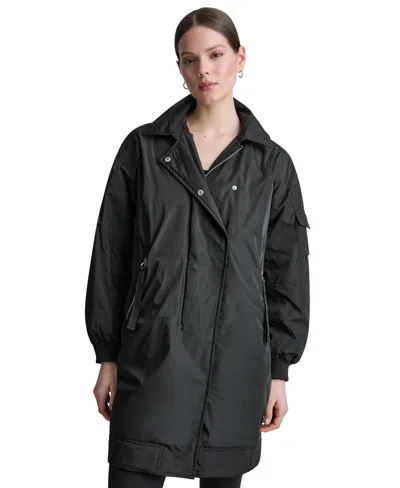 Dkny Sport Women's Removable Hood Long Flight Quilted-lined Jacket In Blue