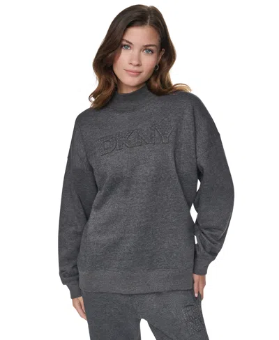 Dkny Sport Women's Rhinestone Applique Oversized Mock Neck Pullover In Gray