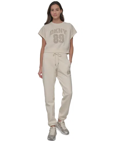 Dkny Sport Women's Rhinestone Logo Cropped Pullover Top In Eggnog,pebble