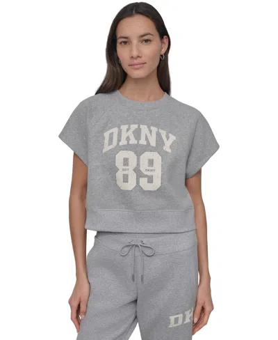 Dkny Sport Women's Rhinestone Logo Cropped Pullover Top In Pearl Grey Heather,eggnog