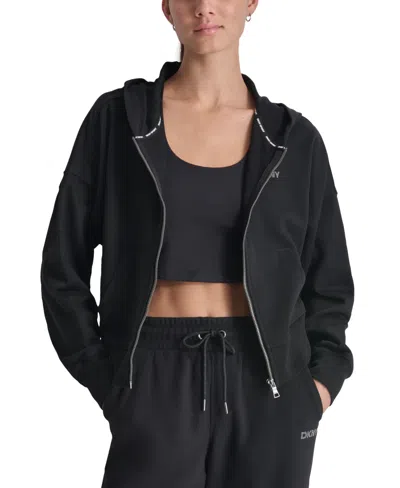 Dkny Sport Women's Rhinestone Logo Full-zip Hoodie In Blk,gunmet