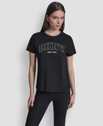 Dkny Sport Women's Rhinestone Varsity Logo Relaxed Fit Pull-on T-shirt In Black