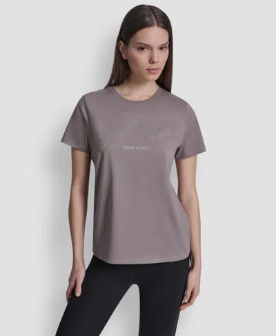 Dkny Sport Women's Rhinestone Varsity Logo Relaxed Fit Pull-on T-shirt In Gray