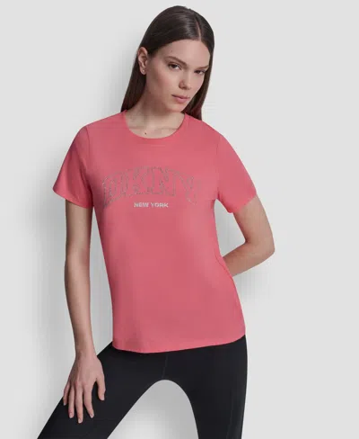 Dkny Sport Women's Rhinestone Varsity Logo Relaxed Fit Pull-on T-shirt In Pink