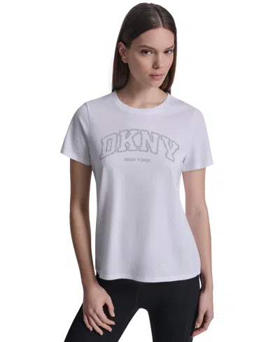 Dkny Sport Women's Rhinestone Varsity Logo Relaxed Fit Pull-on T-shirt In White