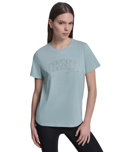Dkny Sport Women's Rhinestone Varsity Logo Relaxed Fit Pull-on T-shirt In Gray
