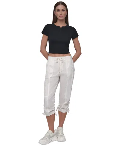 Dkny Sport Women's Ribbed Notched-neck Cropped T-shirt In Black