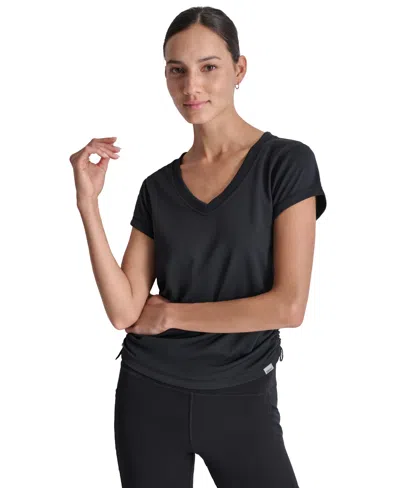 Dkny Sport Women's Ruched Side Seams V-neck Tech T-shirt In Black