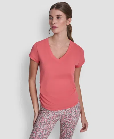 Dkny Sport Women's Ruched Side Seams V-neck Tech T-shirt In Pink