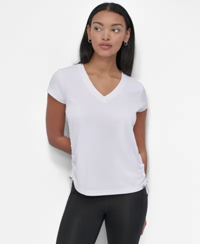 Dkny Sport Women's Ruched Side Seams V-neck Tech T-shirt In White