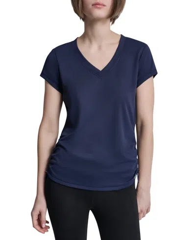 Dkny Sport Women's Ruched Side Seams V-neck Tech T-shirt In Blue