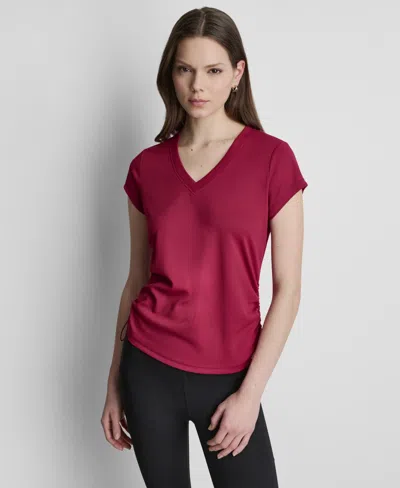 Dkny Sport Women's Ruched Side Seams V-neck Tech T-shirt In Burgundy